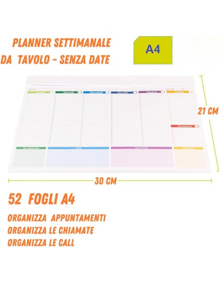 Planner Settimanale A4 Planner Da Scrivania 52 Fogli senza Data